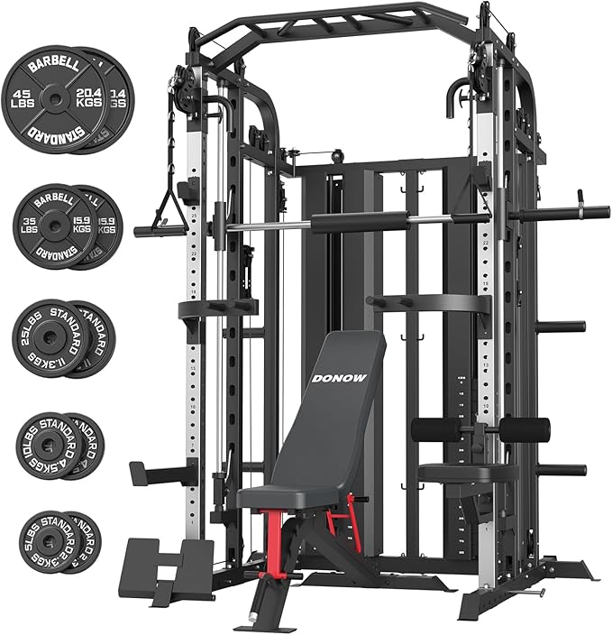 DONOW Smith Machine with Weight Stacks Home Gym Sytem Power Cage Squat Rack Dual Cable Crossover Machine All in One