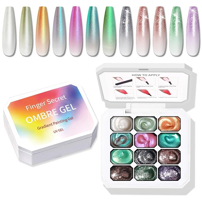 Christmas Pearl Gel Nail Polish, 12 Colors Glitter Ombre Gel Polish Palette Pat Paint Aurora Mermaid Gold Silver Green Pink Sparkle Reflective Holographic Nails Art, No Wipe, UV/LED Curing (Palette B)