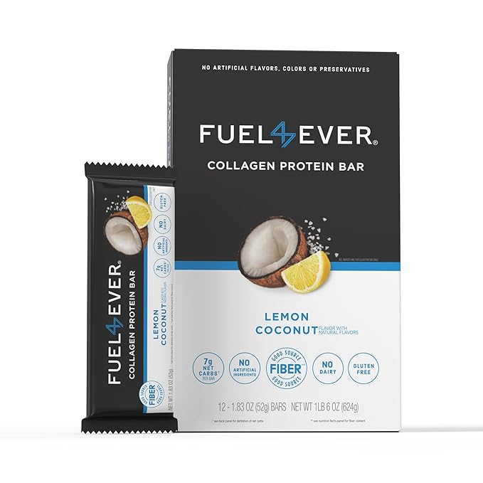Collagen Protein Bars (Box of 12),15G protein, Gluten Free, Dairy Free, MCT oil, No Sugar or Artificial Ingredients Added, No Sugar Alcohols, Low Net Carb, High Fiber Healthy Snack Bar. (Lemon Coconut)
