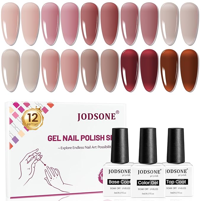 JODSONE 12PCS Gel Nail Polish Set 10 Translucent Jelly Colors Natural, Elegant & Long Lasting For Home & Salon Use