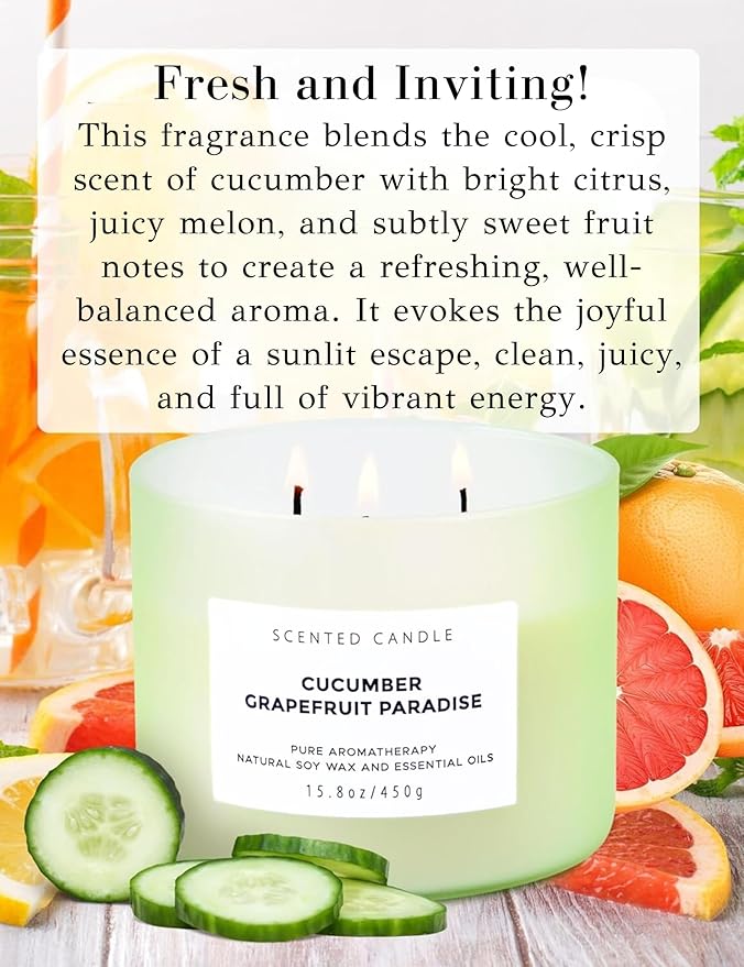 Cucumber Grapefruit Paradise 3-Wick Scented Candle | Large Soy Candle for Home 15.8 oz | Fresh Fruity Citrus Summer Aromatherapy Candle, Long Lasting Stress Relief & Relaxation Candles for Men & Women