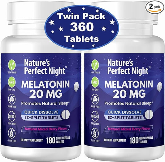 Nature's Perfect Night | Melatonin 20mg | 180 Quick Dissolve Tablets, 2-Pack | Natural Mixed Berry Flavor |High Potency | Sugar Free | Vegan | Gluten Free | 2 Count