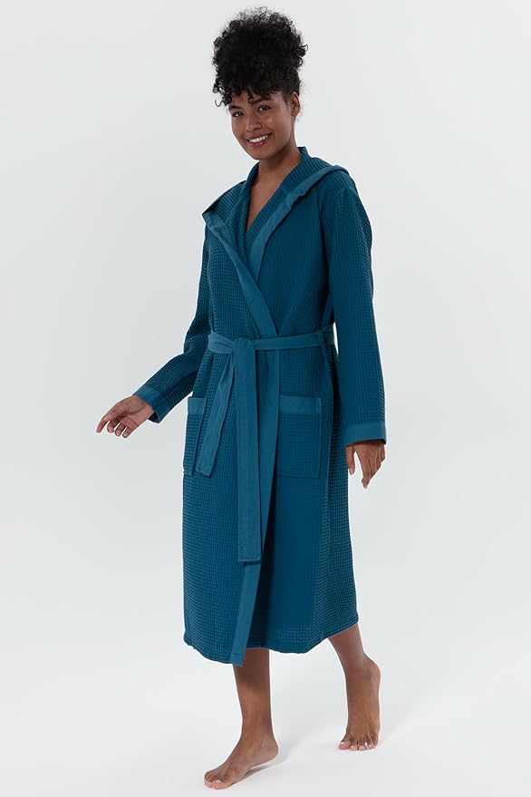 SEYANTE Women’s Luxury Waffle Shawl Collar, Hooded Robe w Piping – Lightweight, Long, Ultra Soft Spa Sleepwear Bathrobe