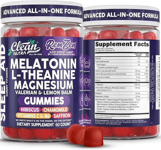 Clean Nutra Melatonin Gummies L Theanine Magnesium Valerian Root Lemon Balm Chamomile Vitamin C Gummy Saffron Sleep Aid Calm Vitamin B6 Stress Relief Hibiscus Relax Mood Happy Supplement Men Women