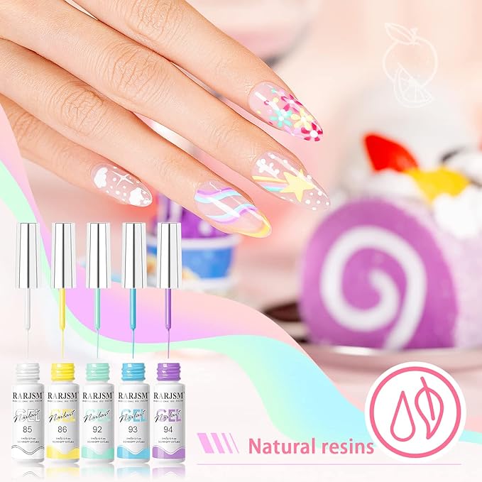 RARJSM Gel Liner Nail Art Polish Set,12 Colors Candy Pastel Painting Spring Summer Line Art Gel Built in Thin Skinny Nail Art Brush Soak Off Curing Needed 5ml for Home Salon Nail Design