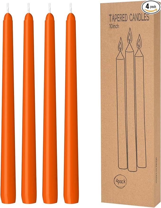 4 Pack Orange Taper Candles - Taper Candles 10 Inch Dripless, Smokeless & Unscented - 8 Hours Long Burning - Ideal for Weddings, Dinner Parties, and Home Decor
