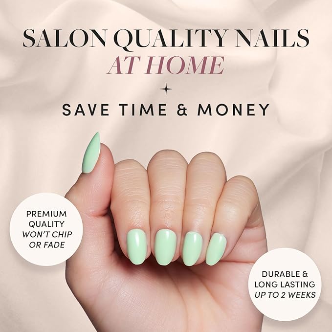 Glamnetic Press On Nails - Mint Green | Solid Opaque Pastel Green Short Oval Nails, Salon Quality | 15 Sizes - 30 Nail Kit