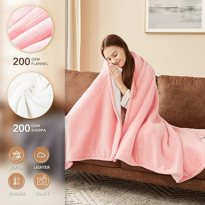 Homemate Heated Blanket Electric Throw - 50"x60" Heating Blanket Throw 1/2/4/6/8 Hours Auto-Off 10 Heat Level Over-Heat Protection Flannel Sherpa ETL Certification