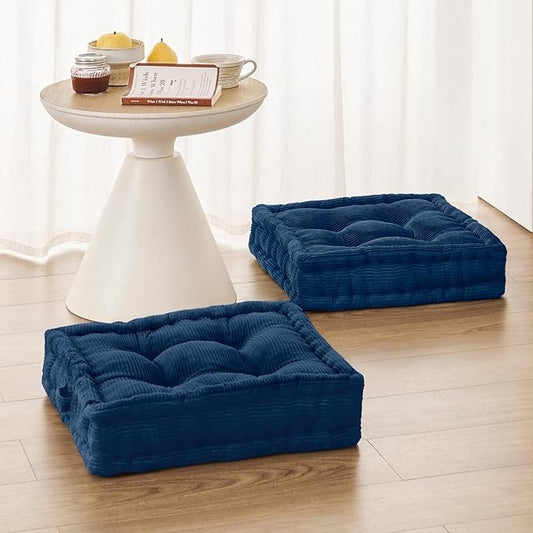 Square Floor Pillows for Adults Kids - Meditation Floor Pillow Seating Cushion - Tufted Floor Cushion with Shredded Foam & Velvet Cover, 2 Pack, 20x20 Inch, Dark Blue
