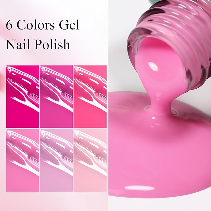 10ml Hema-Free Pink Gel Nail Polish Set 6 Colors Light Baby Blush Hot Pink Gel Polish Kit Soak Off Salon DIY at Home Gift for Women