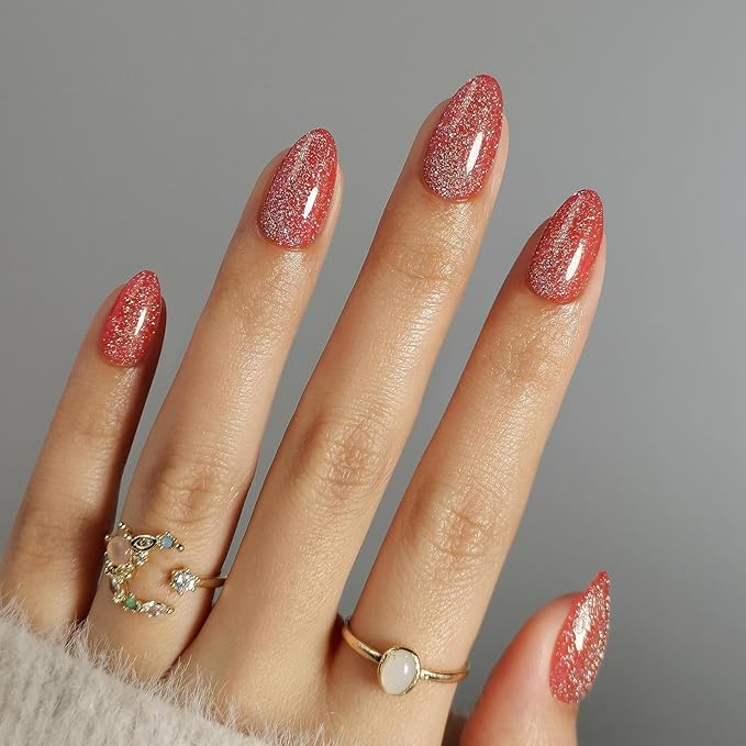 Glitter Red Press on Nails Almond with Sparkling Diamond - Soft Gel Fake Nails Short with Glue, Glossy Glue On Nails for Women Gift in 16 Sizes - 32 Reusable Nails, Starlight Red Orange