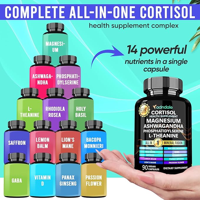 Adndale Cortisol Supplements for Women. Cortisol Supplement 14-in-1 Ashwagandha Supplement with Magnesium Glycinate, L-Theanine & More. 90 Capsules.