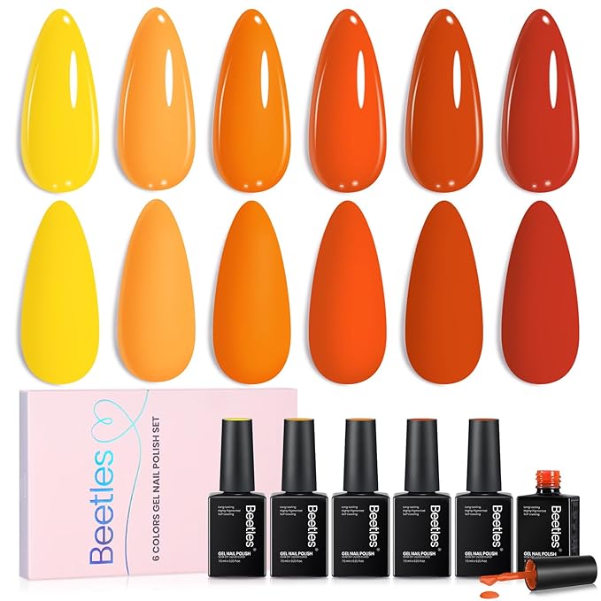 beetles Fall Orange Gel Polish Set, 6 Colors Red Yellow Orange Gel Nail Polish Set Twilight Warmth Collection Uv Gel Nail Art Manicure Gift for Women