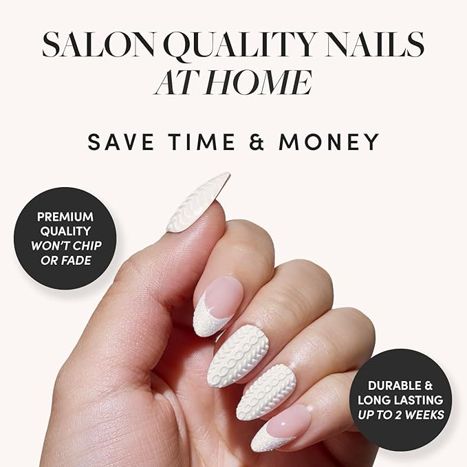 Glamnetic Press On Nails - Sweater Weather | Short Almond Fake Nails with White Glitter French Tips & 3D Designs in a Glossy Finish, Salon Quality Winter Nails | 15 Sizes - 30 Nail Kit with Glue