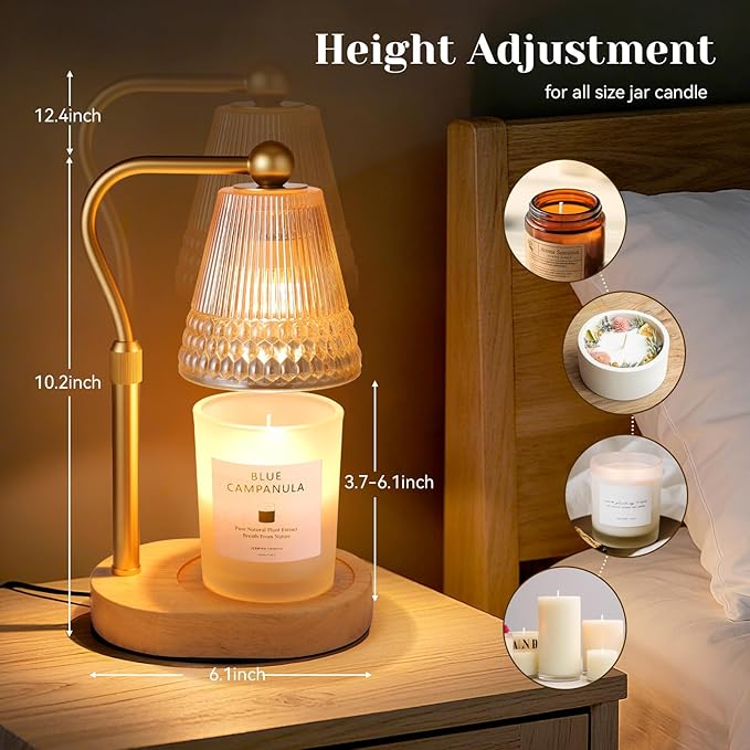Candle Warmer Lamp Adjustable Height & Dimmable, Electric Candle Warmers for Jar Candles, Home Decor Lamp with Timer, Perfect Gifts for Women Men, Safe Night Light for Bedroom Office (Amber-wood)