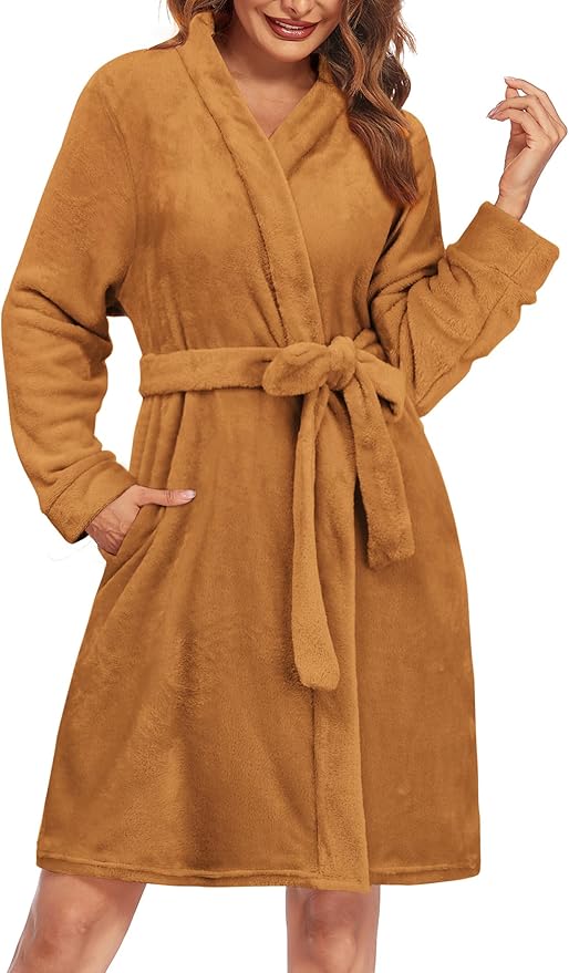 Ekouaer Women's Robes Short Plush Bathrobe Knee Length Warm Soft Jacquard Robe Winter House Coat with Pockets S-XXL