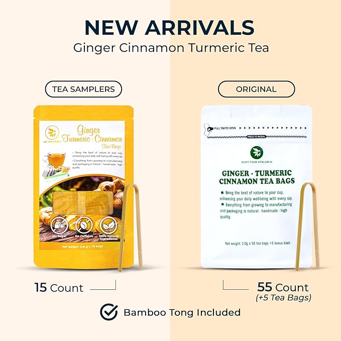 Ginger Cinnamon Turmeric Tea Bags with Bamboo Tong - 55 Count (+5 Count), 5.47 oz, Re-Steep Corn Based Tea Bags, No Sugar Added, Natural Herbal Tea for Body Warm, Relax, Refreshing