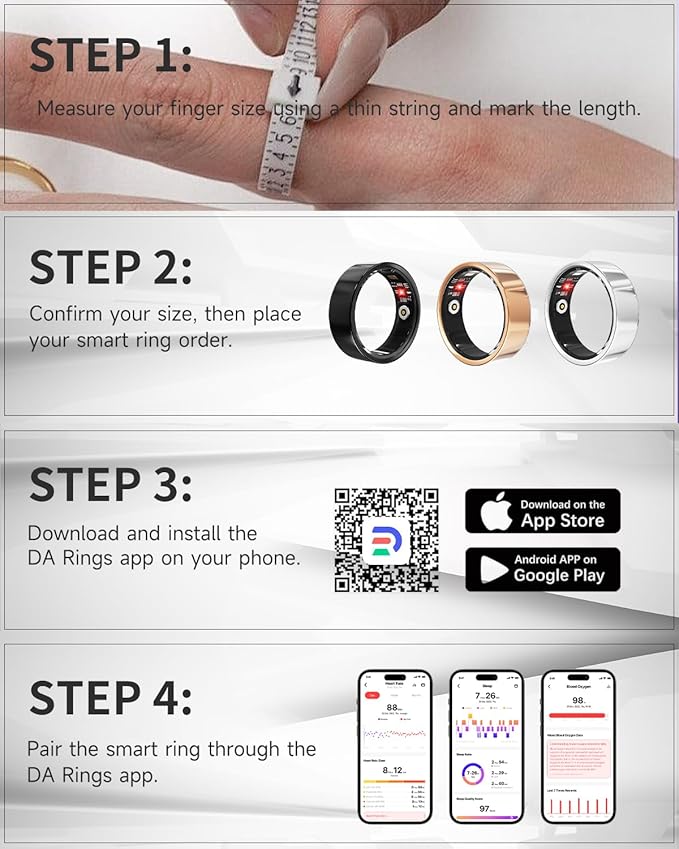 Luxelle Smart Ring Fitness Tracker with Sleep Monitor, Heart Rate, Blood Oxygen, Blood Pressure, Step Counter, 128 Sports Modes, IP68 Waterproof, Magnetic Charging, Compatible with iOS & Android
