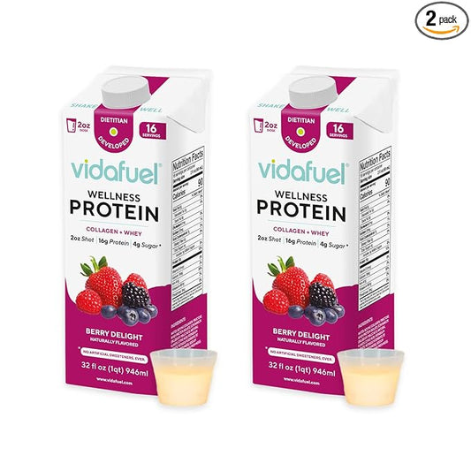 Vidafuel Wellness Protein Drink, 16g Protein per 2oz Shot, 32 fl oz Carton, 2 Pack, Berry, Collagen and Whey Drink, No Artificial Sweeteners