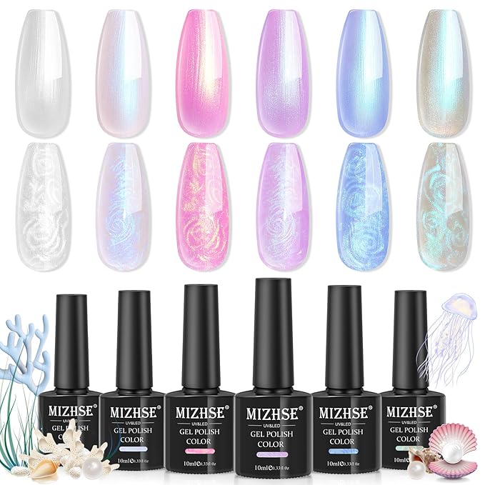 MIZHSE Pearl Gel Nail Polish, 6 Colors Iridescent Mermaid Gel Polish Set, Drawing Nail Shell Thread Effect Shimmery White Pink Purple Soak Off Nail Art Manicure Home Gift for Wome