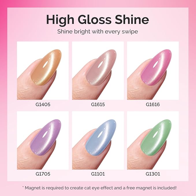 MelodySusie Macaron Pink Blue Cat Eye Set Cat Eye Gel Nail Polish Set 6 Pcs, 0.26 Fl Oz Glitter Holographic Magnetic Nail Polish with Magnet, UV Nail Polish for Nail Art Manicure Salon DIY at Home