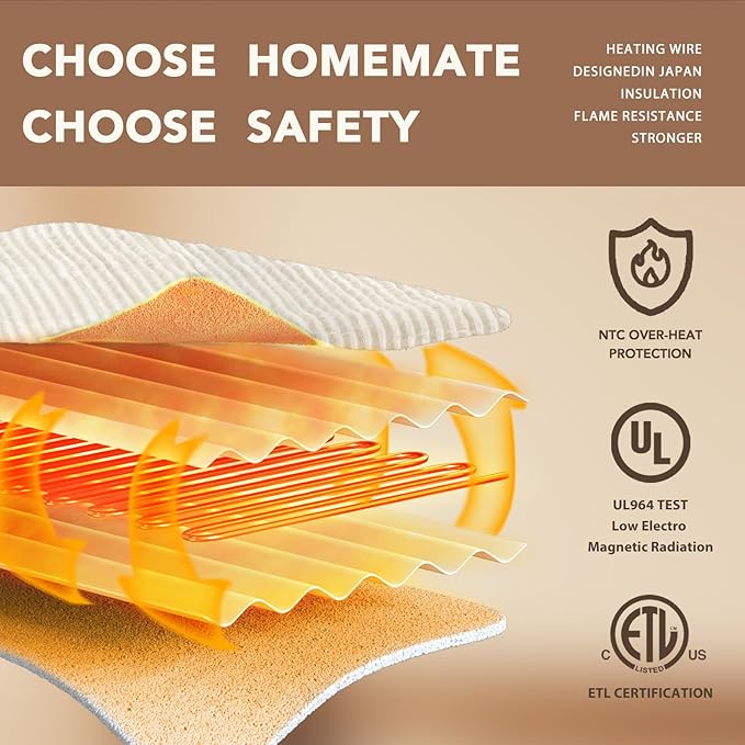 Homemate Heated Blanket Electric Throw - 50"x60" Heating Blanket Throw 1/2/4/6/8 Hours Auto-Off 10 Heat Levels Over-Heat Protection Soft Flannel Sherpa ETL Certification