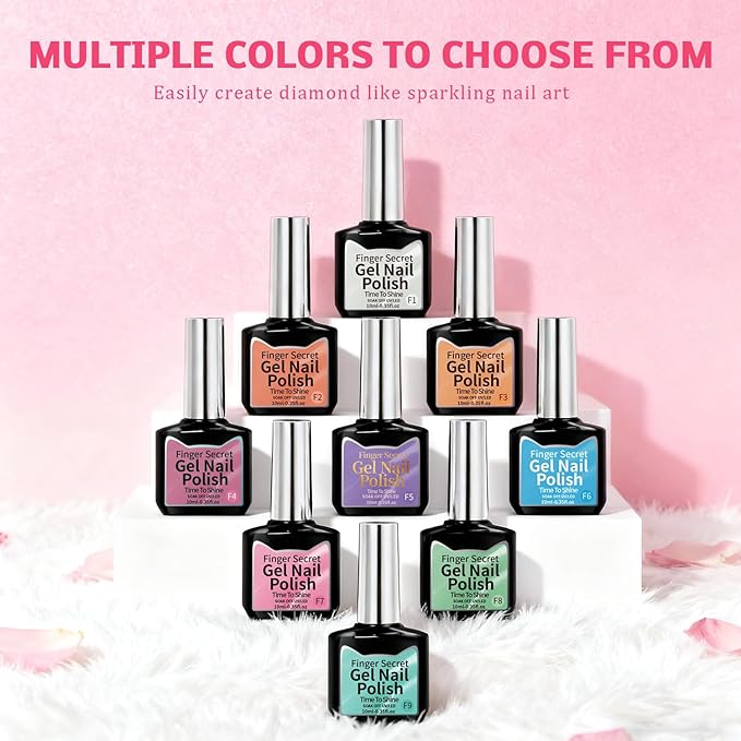 Gel Nail Polish Set, Cat Eye Gel Polish Kit, Holographic Reflective Magnetic Shimmer Blue Red Brown Purple Green Gray Glitter Nail Art, Manicure Salon DIY, Soak Off, UV/LED Cured (9 Colors F)