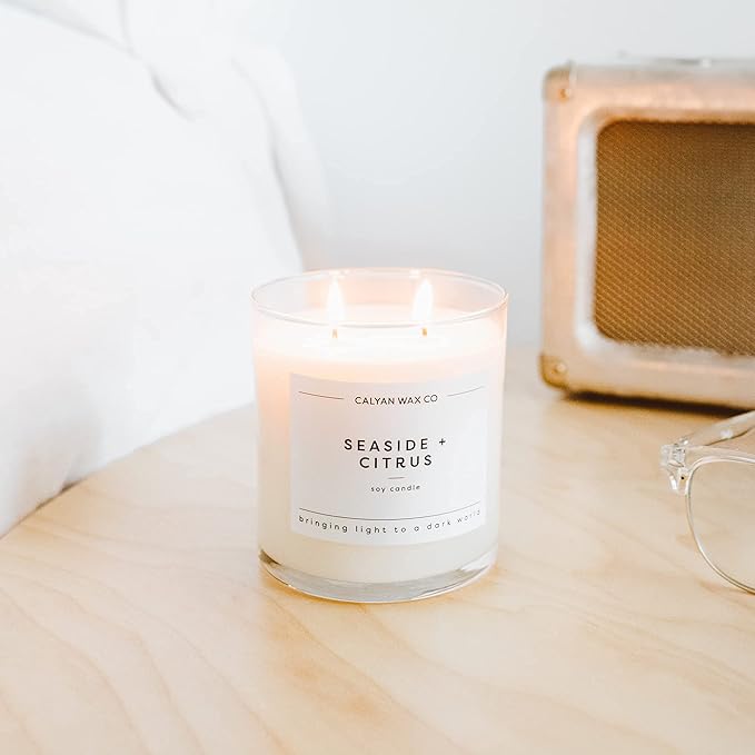 Calyan Wax Co. Seaside & Citrus 2 Wick Scented Candle - 37 Hour Burn - Luxury Non Toxic Soy Wax Candles - Long Lasting Large Glass Jar Candle for Home - 8.8oz
