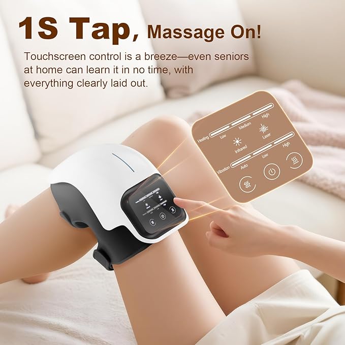 Knee Massager with Heat, Smart Knee Massager with 3 Vibration Modes and 3 Heating Levels, 3-in-1 Cordless Design, Touch LED Screen, Adjustable Straps, Gift for Men and Wome