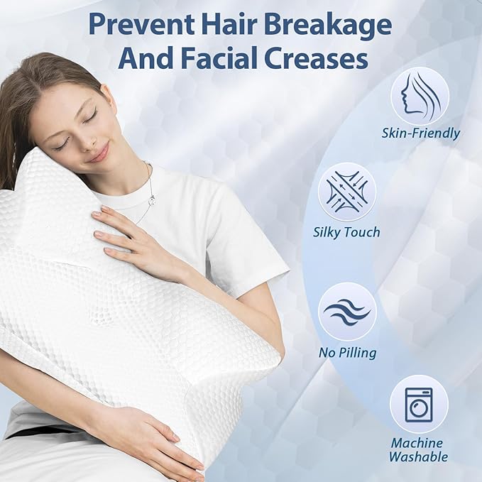 HOMCA Cervical Pillow, Ergonomic Memory Foam Pillow for Neck and Shoulder Pain Relief with Cooling Ice Silk Pillowcase, Orthopedic Neck Bed Pillow for Side, Back and Stomach Sleepers