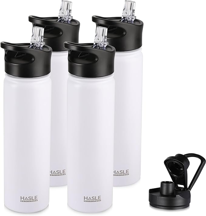 HASLE OUTFITTERS Insulated Water Bottle 22 oz Double Wall Stainless Steel Water Bottle Wide Mouth with Straw Lid & Spout Lid Keeps Cold or Hot(White,4)