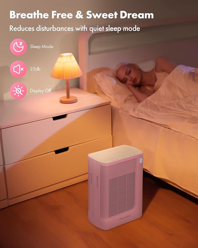 Trucozie Air Purifier for Home Large Room Bedroom Up to 1937 Ft² in 1 Hr With Double-sided Air Inlet, Air Quality and Light Sensors, HEPA Sleep Mode for Allergies, Dust, Pollen, Pet Hair, Pink