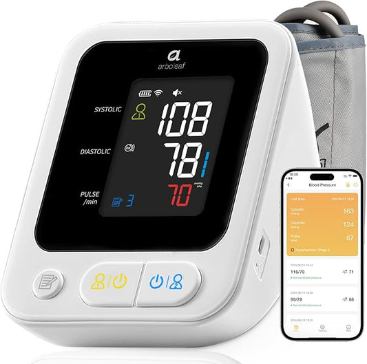 arboleaf Blood Pressure Monitor for Home Use, Accurate Upper Arm Smart Digital BP Machine with Bluetooth App Sync, Rechargeable Large Color Display, 2-User Memory, Adjustable Wide Cuff 8.7″–18.9″