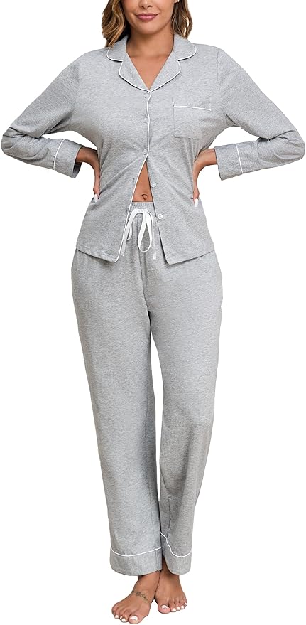 Veseacky 100% Cotton Pajamas for Women Set Long Sleeve Button Down Sleepwear Soft Pjs Lounge Sets with Pockets S-XXL
