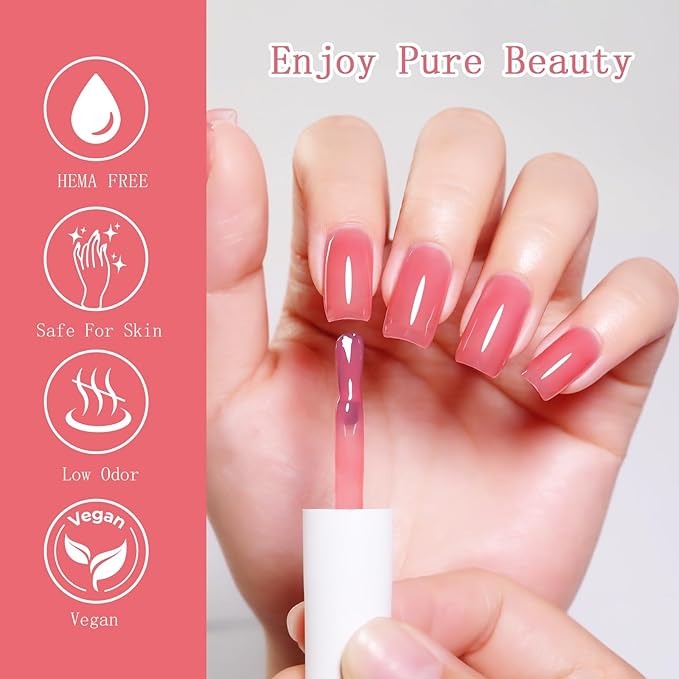 10ml Hema Free Gel Nail Polish Set, 6 Colors Transparent Jelly Gel Polish Kit Sheer Nude Milky White Pink Beige Coral Gift for Art DIY and Salon