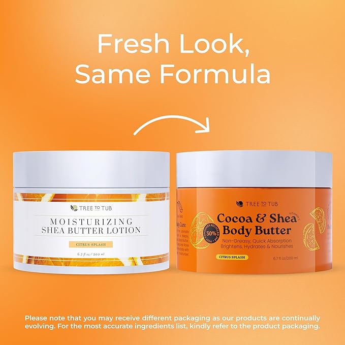 Tree to Tub Shea Body Butter for Dry, Extremely Dry, Sensitive Skin - Moisturizing Body Cream for Women & Men, Hydrating Body Lotion Moisturizer w/Vitamin C, Organic Cocoa, All Natural Citrus Scent