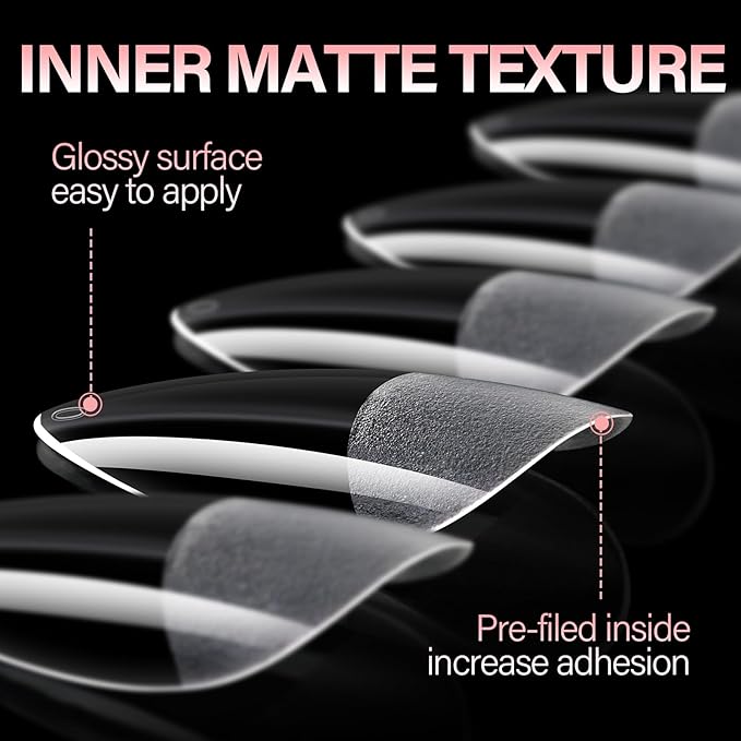 AILLSA Medium Almond Nail Tips Gel Half Matte Acrylic Nail Tips Clear Gelly Full Cover Pre-Filed Press on Nail tips Fake Nails For Extentions Manicure Salon Home DIY 216PCS 12 Sizes