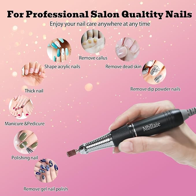Professional Nail Drill File 45000RPM Electric Portable Nails Drills Kit with Rechargeable 7 uñas Bits Cordless Efile for Poly Gel Acrylic Nails Remover Home Salon Pedicure Manicure Tool (Black)