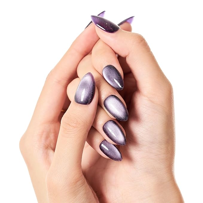GLAMERMAID Dark Purple Magnet Cat Eyes Press on Nails Short Almond, Black Aurora Handmade Jelly Gel Fake Nail Kit, Ombre Glitter Magnetic Glue on Nail Stiletto, Medium Oval Stick on False Nail Women