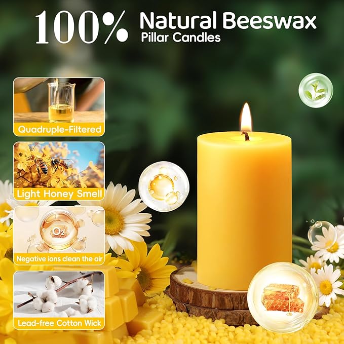 6 Pack Natural Beeswax Pillar Candles,100% Pure Beeswax Candles-192 Hours Long Burning,Unscented Bees Wax Candles for Home,Prayer,Emergency,Dripless Smokeless Organic Pillar Candles Bluk-2x3in