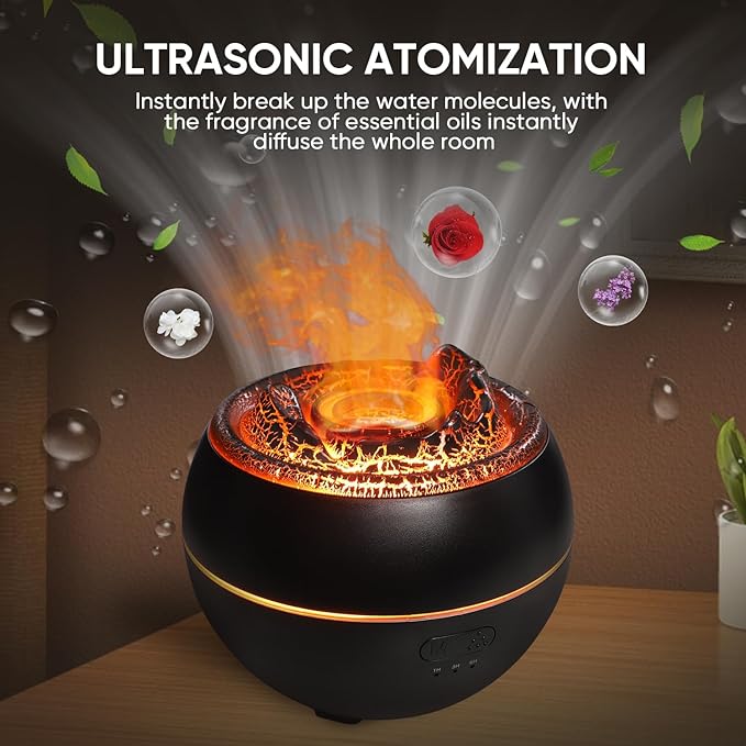 Essential Oil Diffuser, Volcano Fire Flame Aromatherapy Diffuser, 360ml Ultrasonic Cool Mist Humidifier, Scent Aroma Diffuser with 7 Colors Light, Timer & Auto Shut-Off for Home, Room (Black)