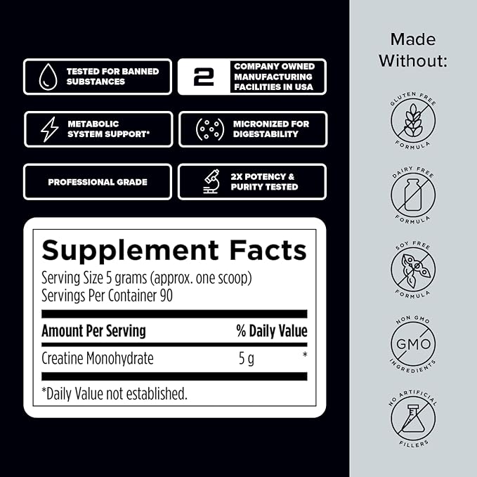 Designs for Sport Creatine Monohydrate Powder - NSF Certified for Sport Creatine Supplement to Support Muscle Recovery, Pre + Post Workout Strength and Energy (1 lb / 90 Servings)