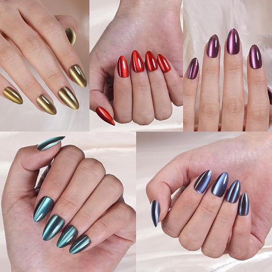 Misssix Cat Eye Press On Nails, 150Pcs Almond Cat Eye Nail Tips, Glossy Glitter Soft Gel Stick On Nails, Reusable Fake Nails for Nail Art DIY 15 Sizes