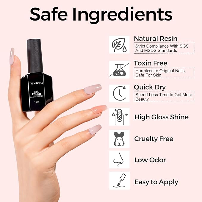 TOMICCA Nude Pink Gel Polish, Jelly Nude Pink Polish, Translucent Pink Nail Polish, UV Sheer Nude Polish, Long Lasting Neutral Nail Art