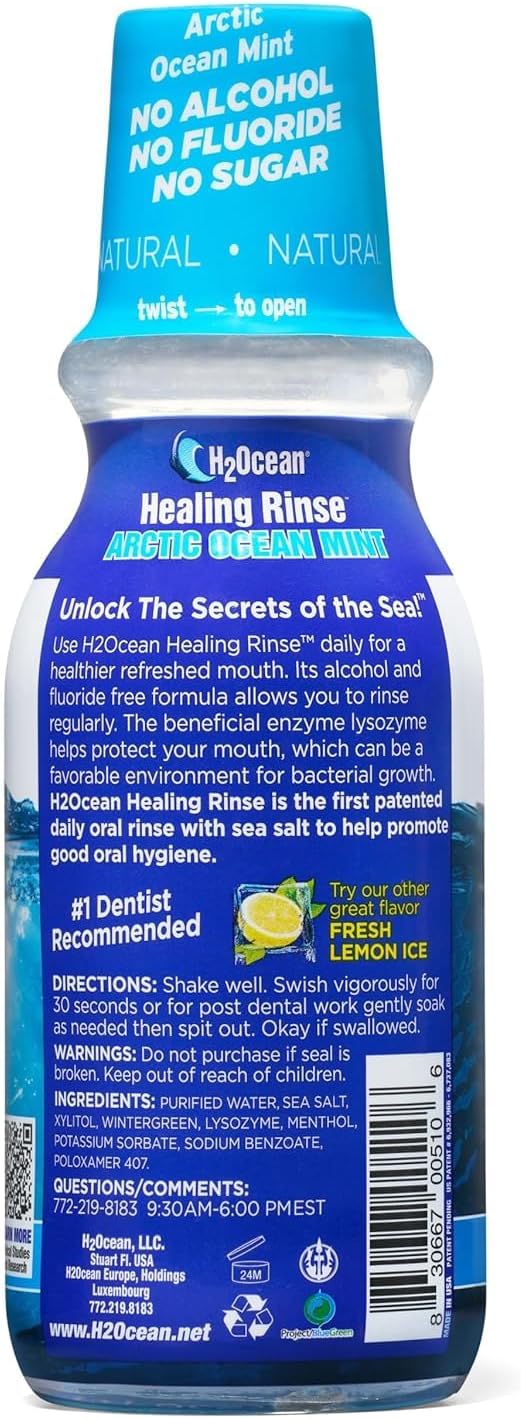 H2Ocean Healing Rinse Mouthwash - Great Tasting Sea Salt & Xylitol Mouth Wash for Fresh Breath & Dry Mouth - Alcohol & Fluoride Free - Arctic Ocean Mint 8oz (Pack of 2)