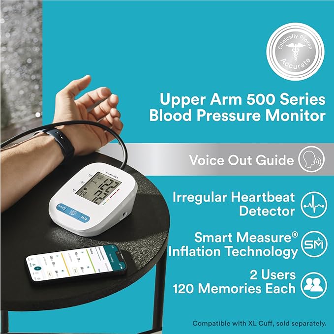 Homedics 500 Series Bluetooth Upper Arm Blood Pressure Monitor for Home Use, Voice Out Guide, Smart Measure, Irregular Heartbeat Detection, 2 Users, 120 Memories Each
