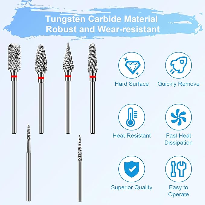 Diesisa 6 Pack Nail Drill Bits for Acrylic Nails, 3/32"" Shank Drill Bits for Nails, Professional Electric Cuticle Bit for Nail Drill, Cuticle Cleaner Nail Gel Polish Remover Tool for Home Salon-Red