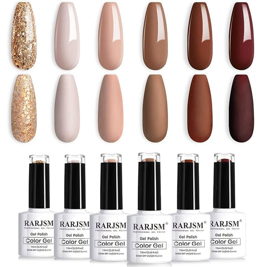 RARJSM Gel Nail Polishes Set of 6pcs Brown Coffee Wine Red Burgundy Nude Purple Pink Champagne Gold Glitter Winter Color Gel Polish Soak Off Curing Require Nail Manicure Salon Beginner DIY at Home