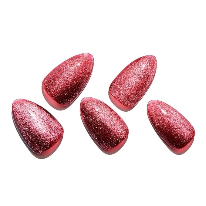 GLAMERMAID Magnet Cat Eyes Dark Red Press on Nails Short Almond, Handmade Jelly Gel Fake Nail Set, Ombre Glitter Magnetic Glue on Nail Stiletto, Scarlet Medium Oval Stick on False Nail Set for Women