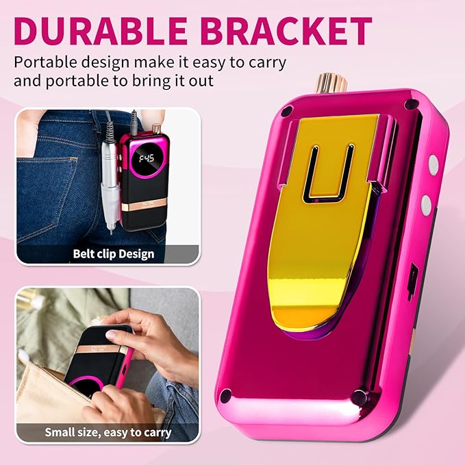 LIMEGIRL Professional Electric Nail Drill Kit 45000RPM Portable Cordless Toenail Cordless Toenail Machine with 14 Drill Bits and Base for Women(Rose Red)